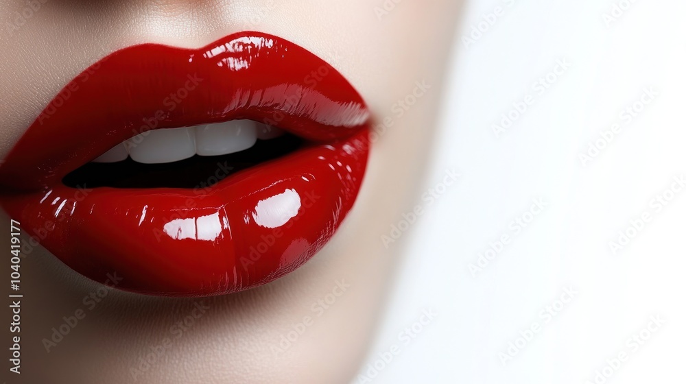 Glossy red lips glimmer under soft lighting, showcasing bold beauty and allure Glossy red lips glimmer under soft lighting, showcasing bold beauty and allure