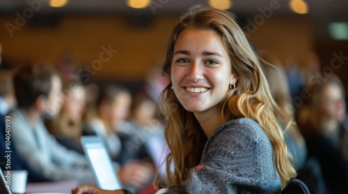 Wallpaper Mural Confident female student smiling as she works on her laptop in a university setting, demonstrating academic ambition Torontodigital.ca