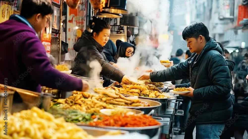 Man choosing street food from buffet display at market