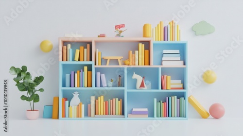 Colorful Bookshelf with Decorative Elements in a Minimalist Interior