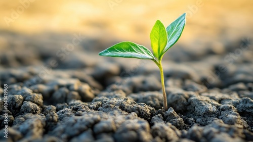 Green plant sprout in dry soil, symbolizing new growth and resilience