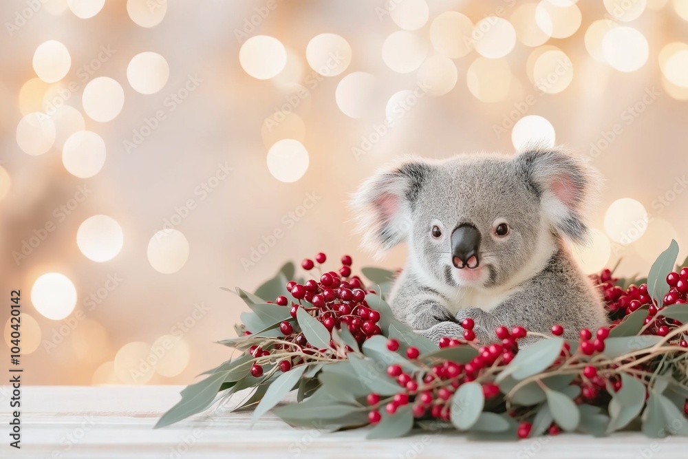 Fototapeta premium Little koala joyfully nestled in a festive wreath with red berries and green leaves under warm lighting