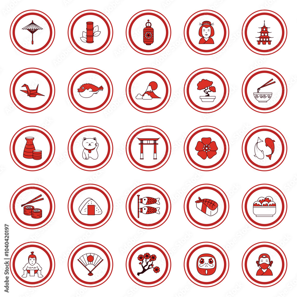 Set of red japan vector icons on white background Set of red japan vector icons on white background
