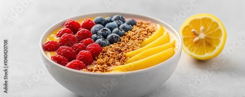 A vibrant fruit bowl topped with raspberries, blueberries, and sliced mango, complemented by granola and a lemon wedge.