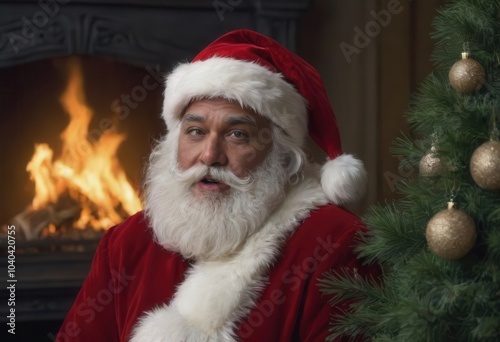 Santa is decorating a Christmas tree by the fireplace