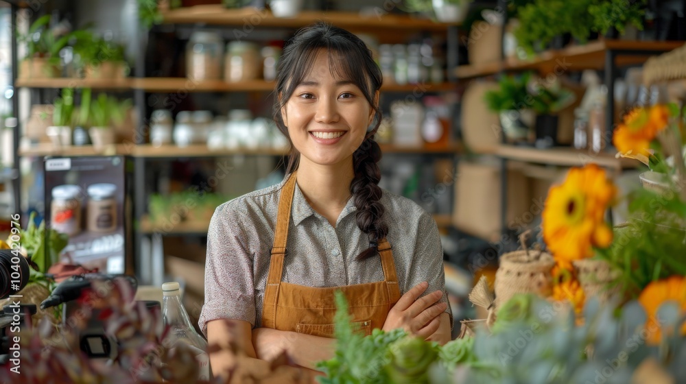 Fototapeta premium Entrepreneurial Asian woman discussing eco-friendly packaging solutions with customers, showcasing plastic-free options in her retail shop