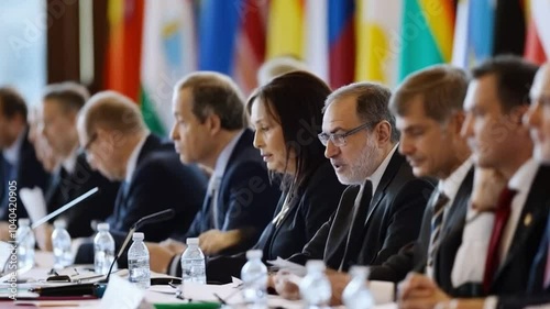 Politicians having discussion during summit at table with flags