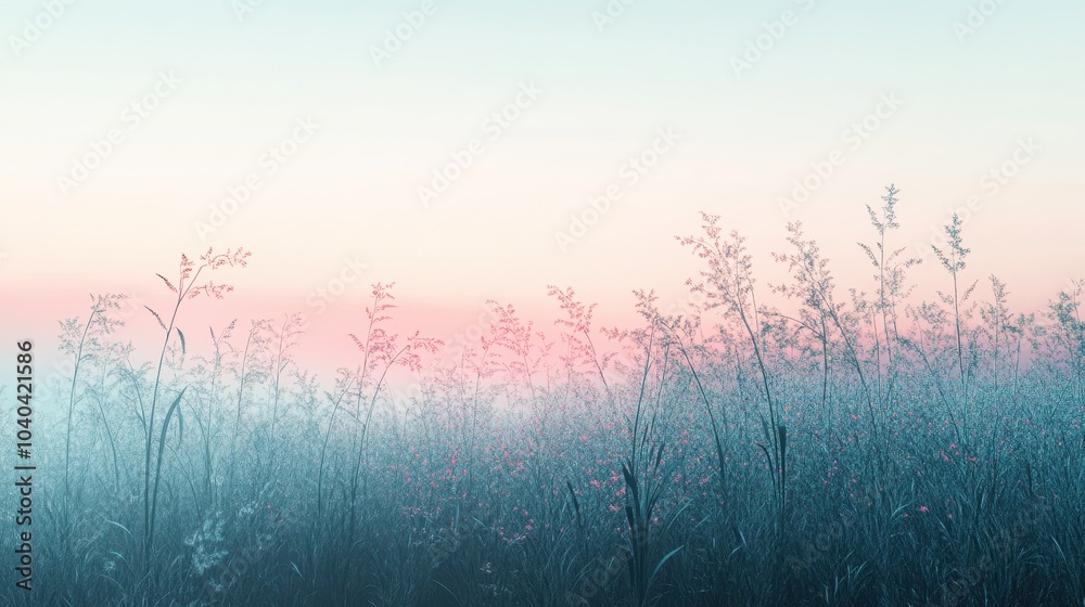 Blossoming grass with a gentle breeze against a misty sky in the morning. This image is calm and serene, with a straightforward zen tone. nature in pastel tones in spring. Generative AI Blossoming grass with a gentle breeze against a misty sky in the morning. This image is calm and serene, with a straightforward zen tone. nature in pastel tones in spring. Generative AI