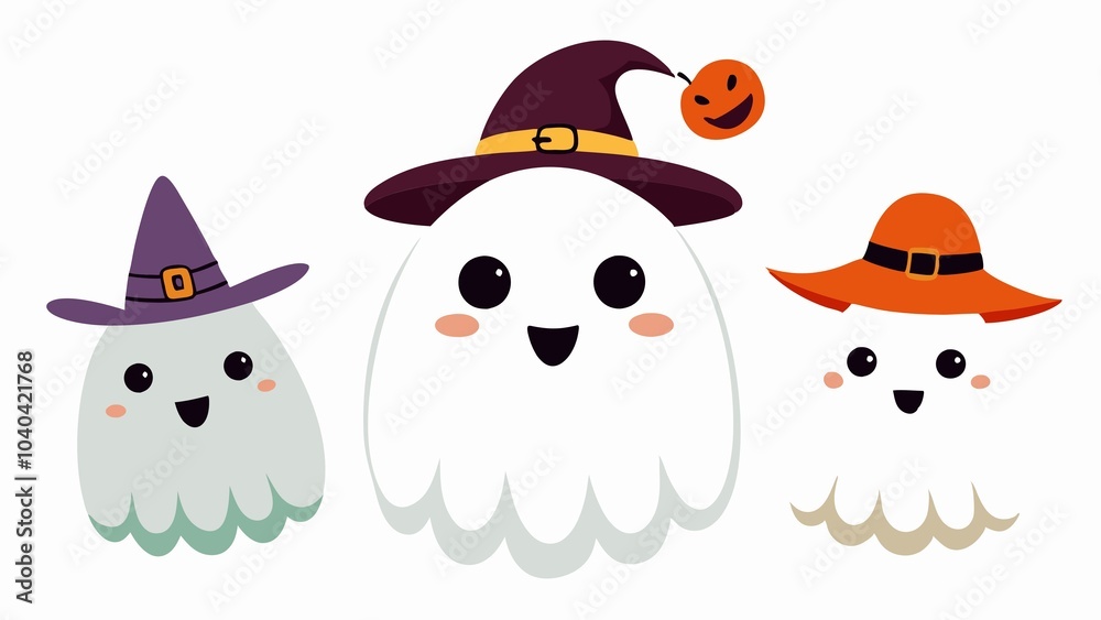 little ghosts in white and in a hat flying in a group, with colored patches, on a white background, applications for Halloween, Christmas, etc little ghosts in white and in a hat flying in a group, with colored patches, on a white background, applications for Halloween, Christmas, etc