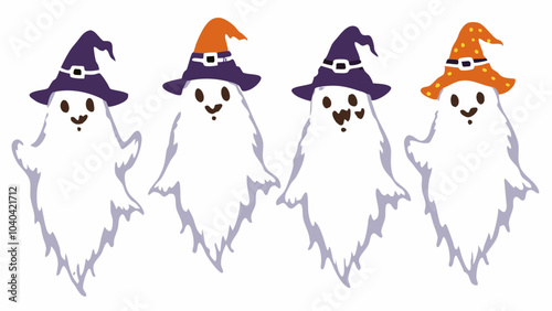 little ghosts in white and in a hat flying in a group, with colored patches, on a white background, applications for Halloween, Christmas, etc