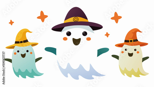 little ghosts in white and in a hat flying in a group, with colored patches, on a white background, applications for Halloween, Christmas, etc