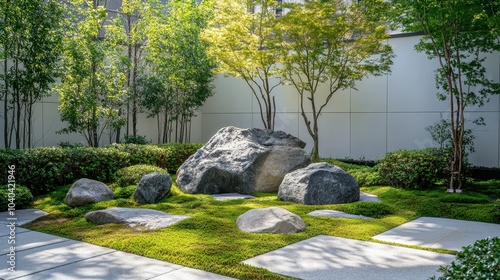 A small garden with green hedges, grass, and large rocks in the center of an urban area, surrounded by white walls.