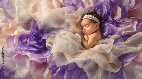 Baby sleeping carefree on flower petals - purple background - World Prematurity Day concept