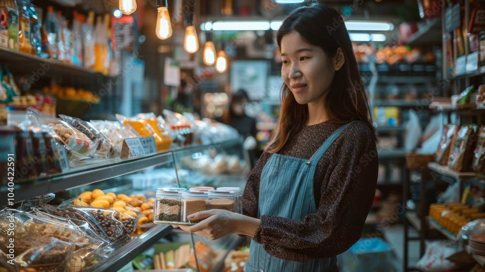 Entrepreneurial Asian woman discussing eco-friendly packaging solutions with customers, showcasing plastic-free options in her retail shop