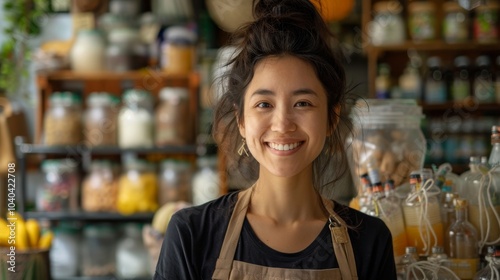 Entrepreneurial Asian woman discussing eco-friendly packaging solutions with customers, showcasing plastic-free options in her retail shop
