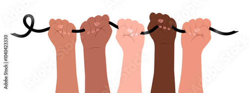 Diverse hands hold a black ribbon. Melanoma and Skin Cancer Awareness Month. Vector flat illustration