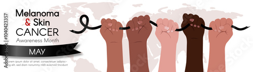Melanoma and Skin Cancer Awareness Month in May. Long horizontal banner with Diverse hands hold a black ribbon, map, and space for text. Vector flat illustration