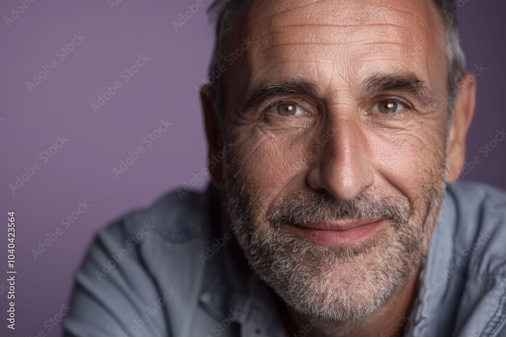 Middle-Aged Man with Confident Smile on Lavender Background for Portrait and Design