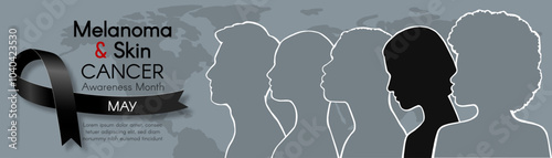 Melanoma and Skin Cancer Awareness Month. Long horizontal banner with black ribbon, space for text and diverse people. Vector flat illustration.