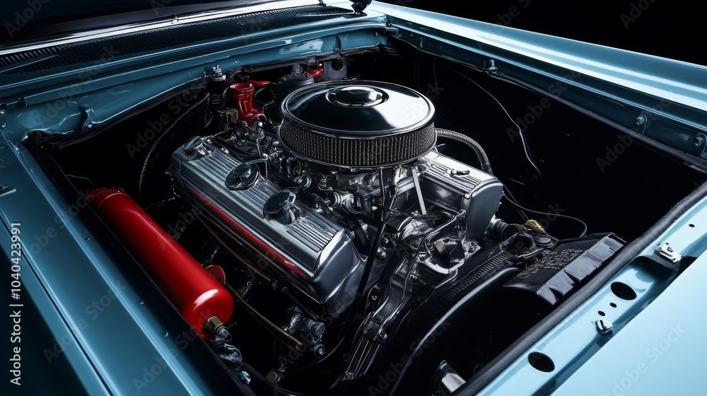 Fototapeta premium Close-up of a Polished Engine Under a Blue Car Hood