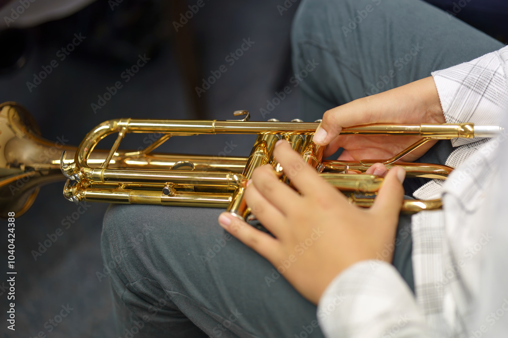 Obraz premium A male musician holds a trumpet in a brass band.