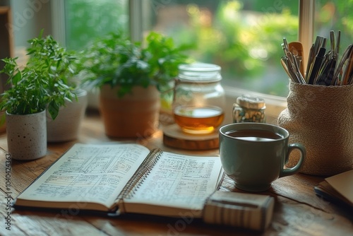 Cozy Workspace with Open Notebook and Coffee Cup by Sunny Window