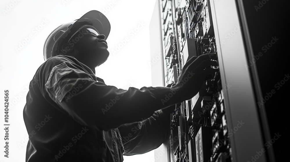 Fototapeta premium Electrician Working on Electrical Panel Installation