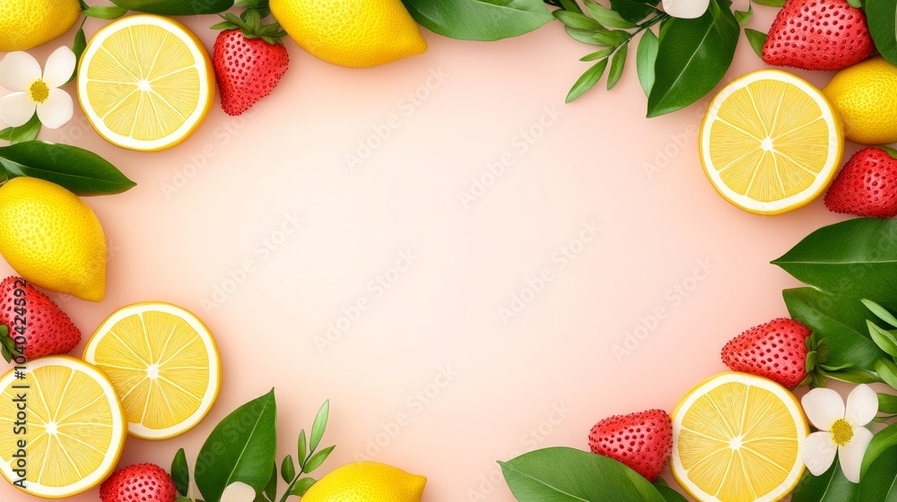 A pink background with a frame made from lemons, strawberries, and green leaves. A pink background with a frame made from lemons, strawberries, and green leaves.