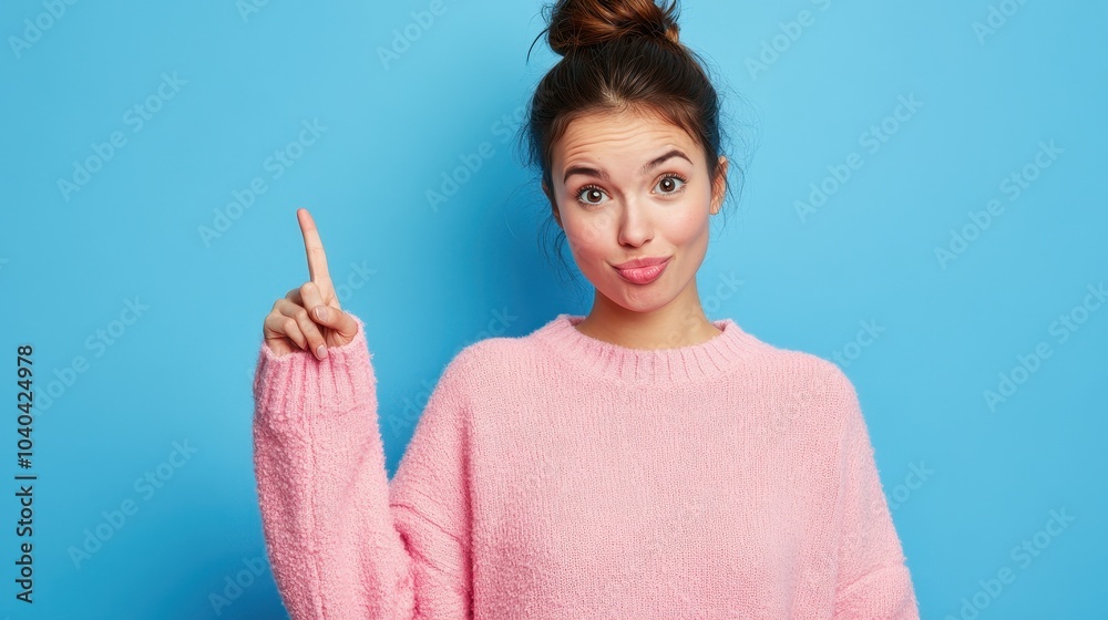 Photo of pretty young woman point finger alarm wear pink pullover isolated on blue color background