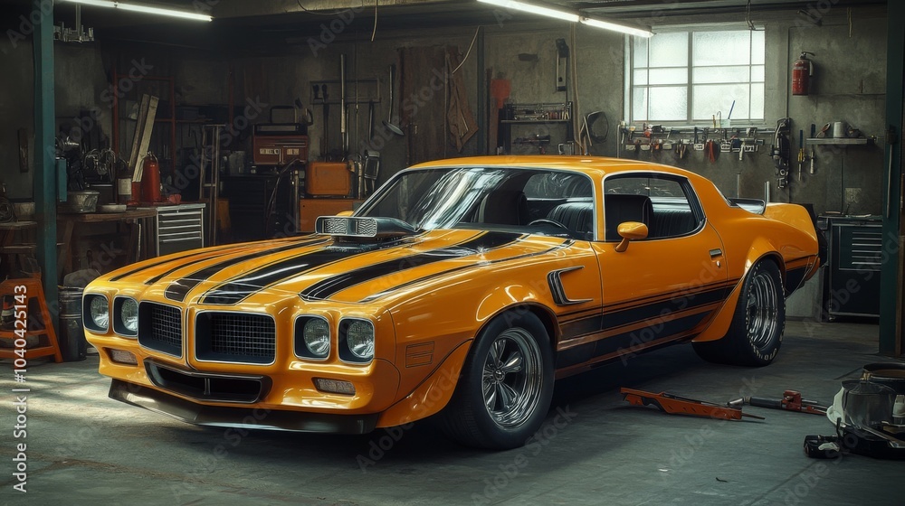 A Classic Yellow Muscle Car Parked in a Garage A Classic Yellow Muscle Car Parked in a Garage