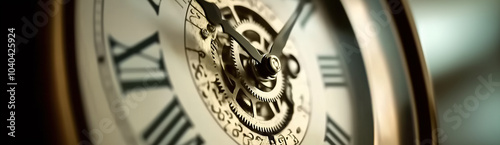 Close up of an old clock face with many gears showing the flow of time