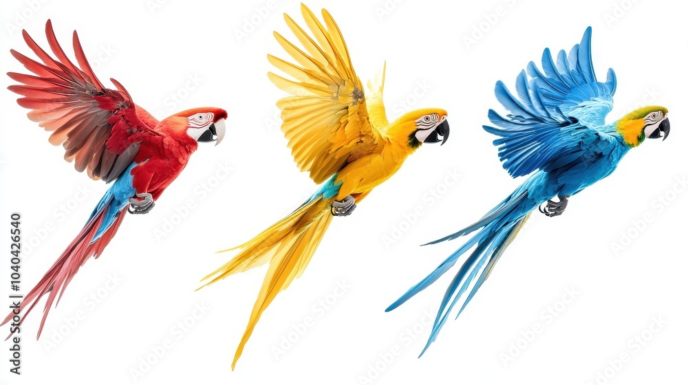 Collection of three birds, flying macaw parrots set (red, blue and blue-and-yellow) isolated on white background as transparent PNG, generative AI animal