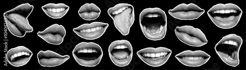 Trendy set of female lips with a halftone effect. Various female mouths cut out from newspaper in retro collage style.