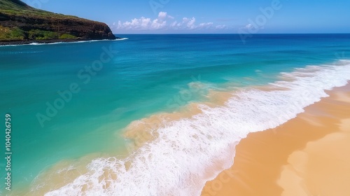 A tranquil beach scene featuring clear turquoise waters meeting golden sands under a bright blue sky with scattered clouds.