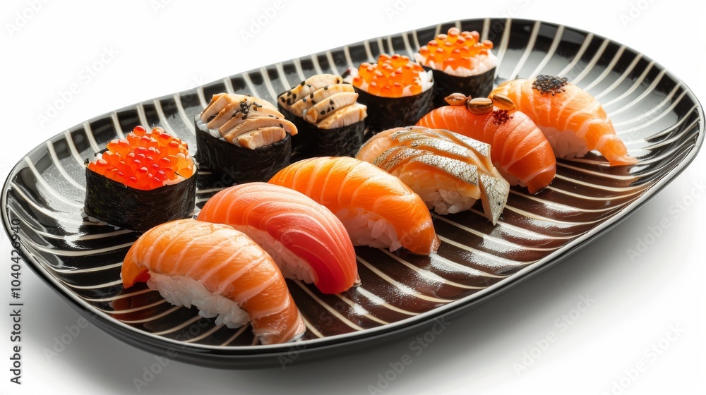 Close-up of colorful sushi varieties like eel rolls and spicy tuna on a chic black plate, isolated on a white background Close-up of colorful sushi varieties like eel rolls and spicy tuna on a chic black plate, isolated on a white background