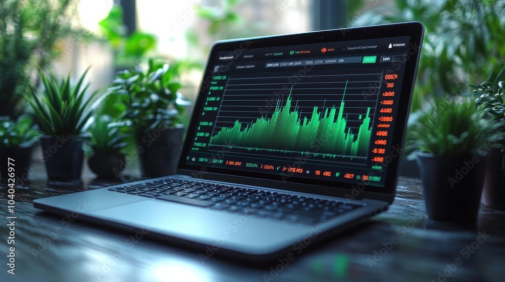 Laptop Displaying Stock Market Data with Green Plant Background Laptop Displaying Stock Market Data with Green Plant Background