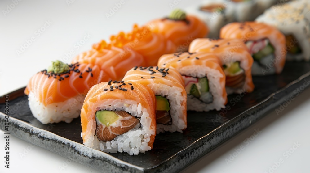 Close-up of colorful sushi varieties like eel rolls and spicy tuna on a chic black plate, isolated on a white background Close-up of colorful sushi varieties like eel rolls and spicy tuna on a chic black plate, isolated on a white background