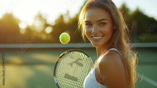 Beautiful woman with tennis racket on court