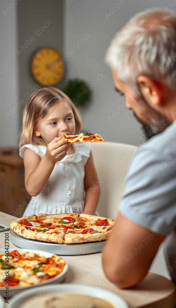 Daughter eats pizza prepared by father isolated with white highlights, png Daughter eats pizza prepared by father isolated with white highlights, png