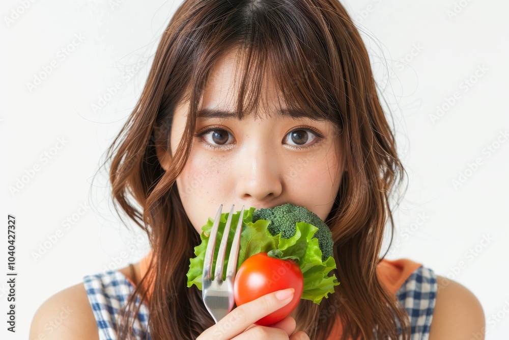 Asian woman on a diet, unhappy with vegetables on her fork, white background Asian woman on a diet, unhappy with vegetables on her fork, white background