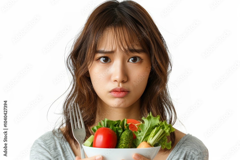 Asian woman on a diet, unhappy with vegetables on her fork, white background Asian woman on a diet, unhappy with vegetables on her fork, white background