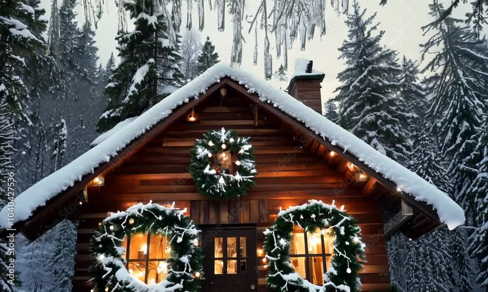 A cozy wooden cabin in the snow, decorated with Christmas lights and wreaths. A cozy wooden cabin in the snow, decorated with Christmas lights and wreaths.