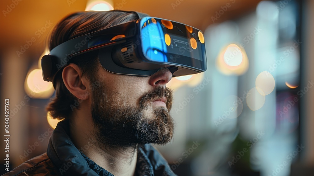 Professional interacting with an AR interface in an office, headset-equipped, managing marketing tasks Professional interacting with an AR interface in an office, headset-equipped, managing marketing tasks