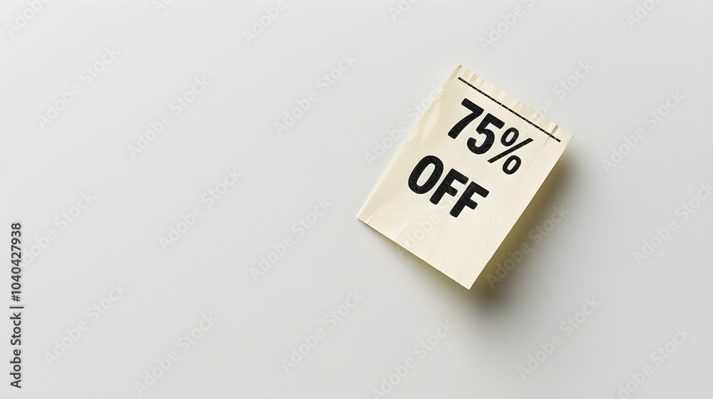 Black '75% OFF' Text on a Ivory Square Paper Note. White Background with Copy Space Black '75% OFF' Text on a Ivory Square Paper Note. White Background with Copy Space