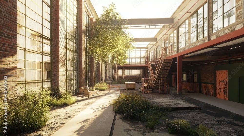 Sunlit Courtyard of an Abandoned Brick Industrial Building