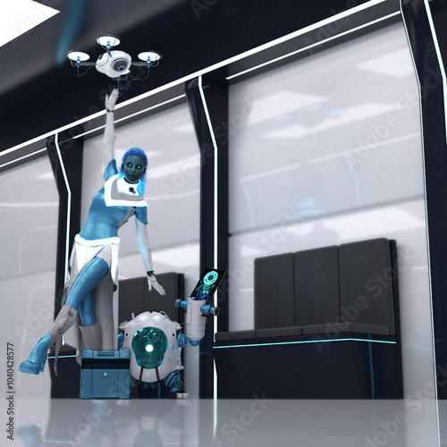 An alien female dressed in white and blue, with glowing hair, being excited, controlling a drone and a small robot. 3D Sci-fi illustration. 