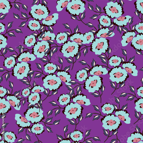 Seamless floral pattern, elegant ditsy print, abstract ornament with green blooming field in retro motif. Pretty botanical design: small hand drawn wild flowers, grass, leaves. Vector illustration.