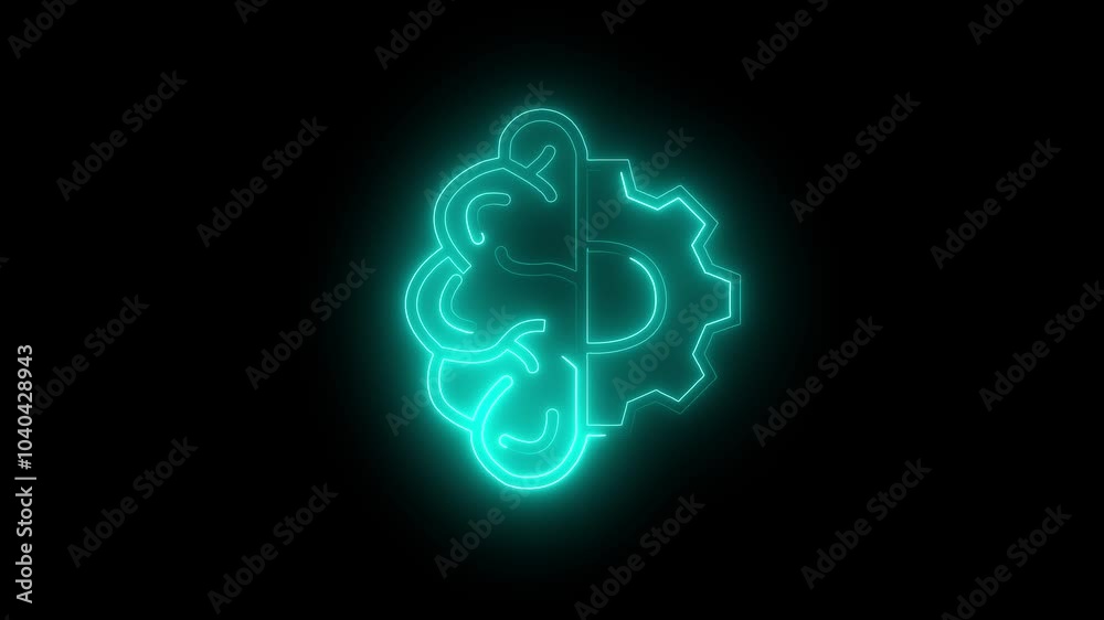 brain with gears icon . Neon icon with silhouette man head gears. Mental health concept. Business concept.