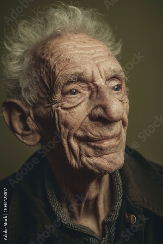 Proud Elderly Man with Contented Smile Against Olive Green Background