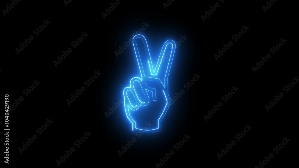 Neon V sign icon colorful animation black background. Glowing hand with two fingers in piece gesture. Neon V sign icon colorful animation black background. Glowing hand with two fingers in piece gesture.